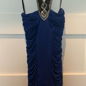 Bebe Blue Halter Mini Dress Ruched Sequin Embellished Size S